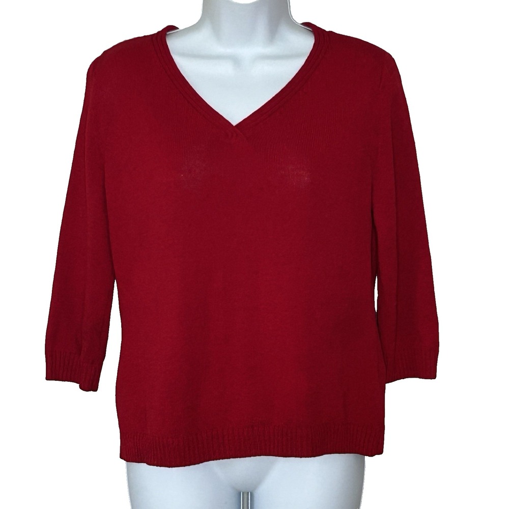 St. John Red Sweater Classic Santana Knit Wool Blend 3/4 Sleeves Quiet Luxury